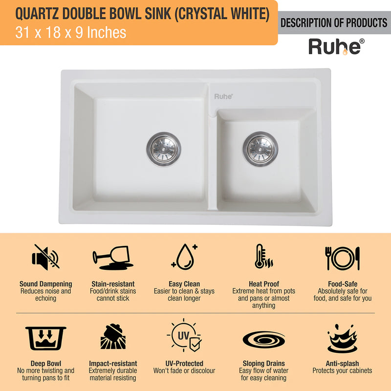 Quartz Double Bowl Kitchen Sink (31 x 18 x 9 Inches)