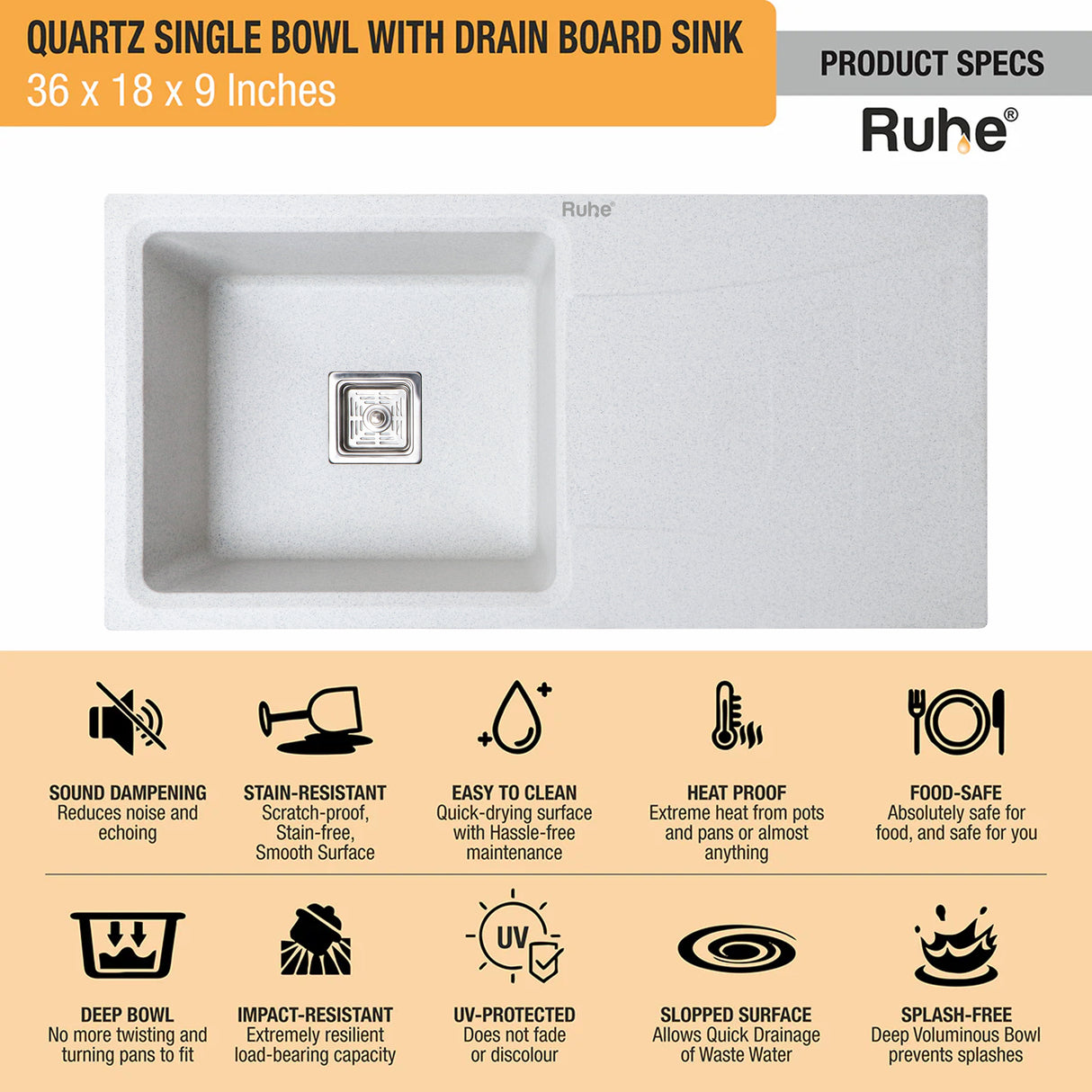 Quartz Single Bowl with Drainboard Kitchen Sink - Sand Pluto (36 x 18 x 9 inches) - by Ruhe