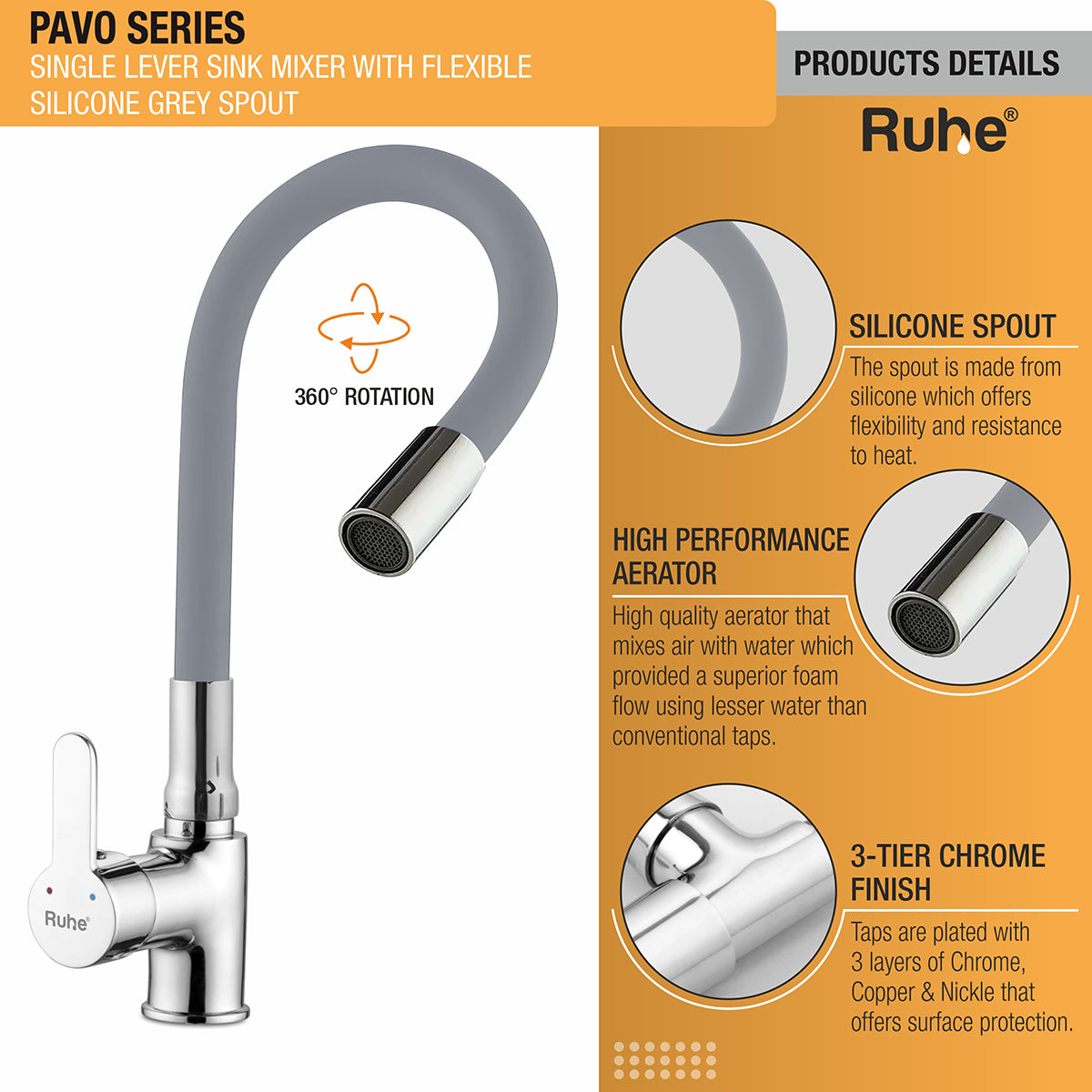 Pavo Single Lever Sink Mixer with Silicone Grey Flexible Spout product details