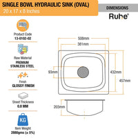 Oval Single Bowl Kitchen Sink (20 x 17 x 8 Inches)(Dimensions)