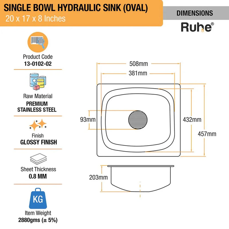 Oval Single Bowl Premium Kitchen Sink (20 x 17 x 8 Inches)