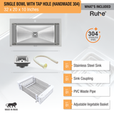 Handmade Single Bowl 304-Grade Kitchen Sink  with Tap Hole (32 x 20 x 10 Inches) - by Ruhe