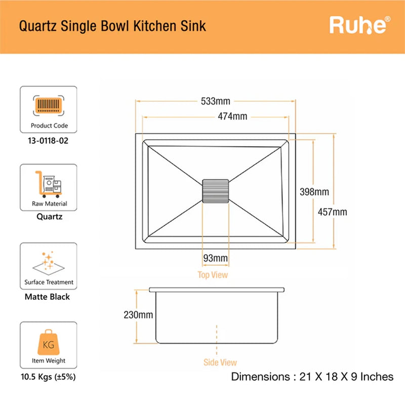 Quartz Single Bowl Kitchen Sink (21 x 18 x 9 Inches)