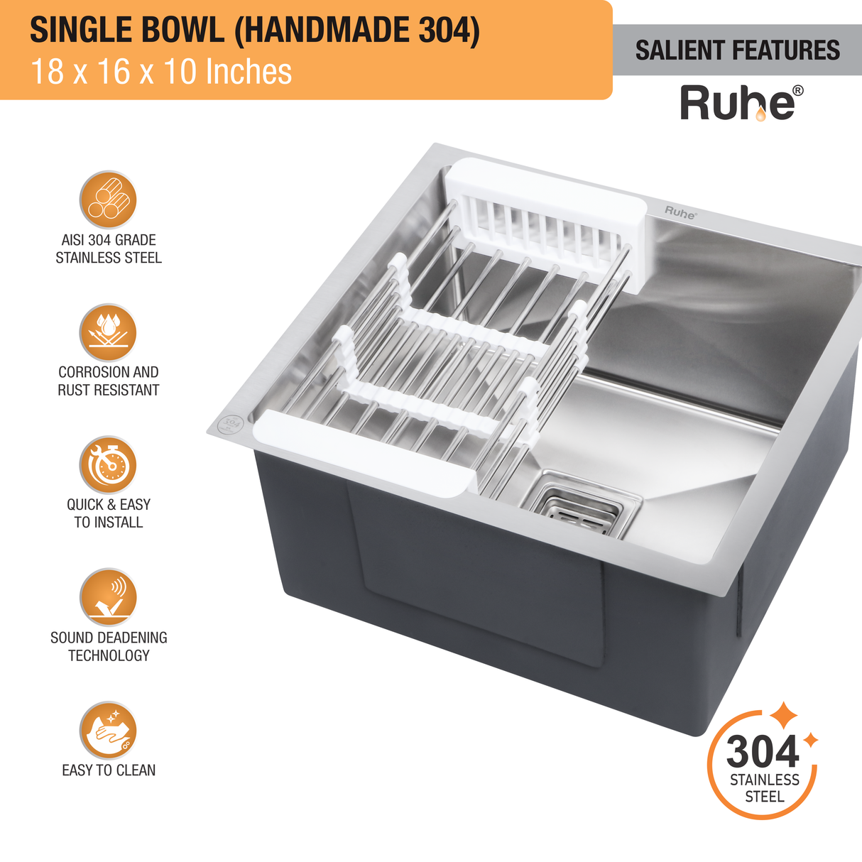 Handmade Single Bowl 304-Grade (18 x 16 x 10 Inches) Kitchen Sink - by Ruhe