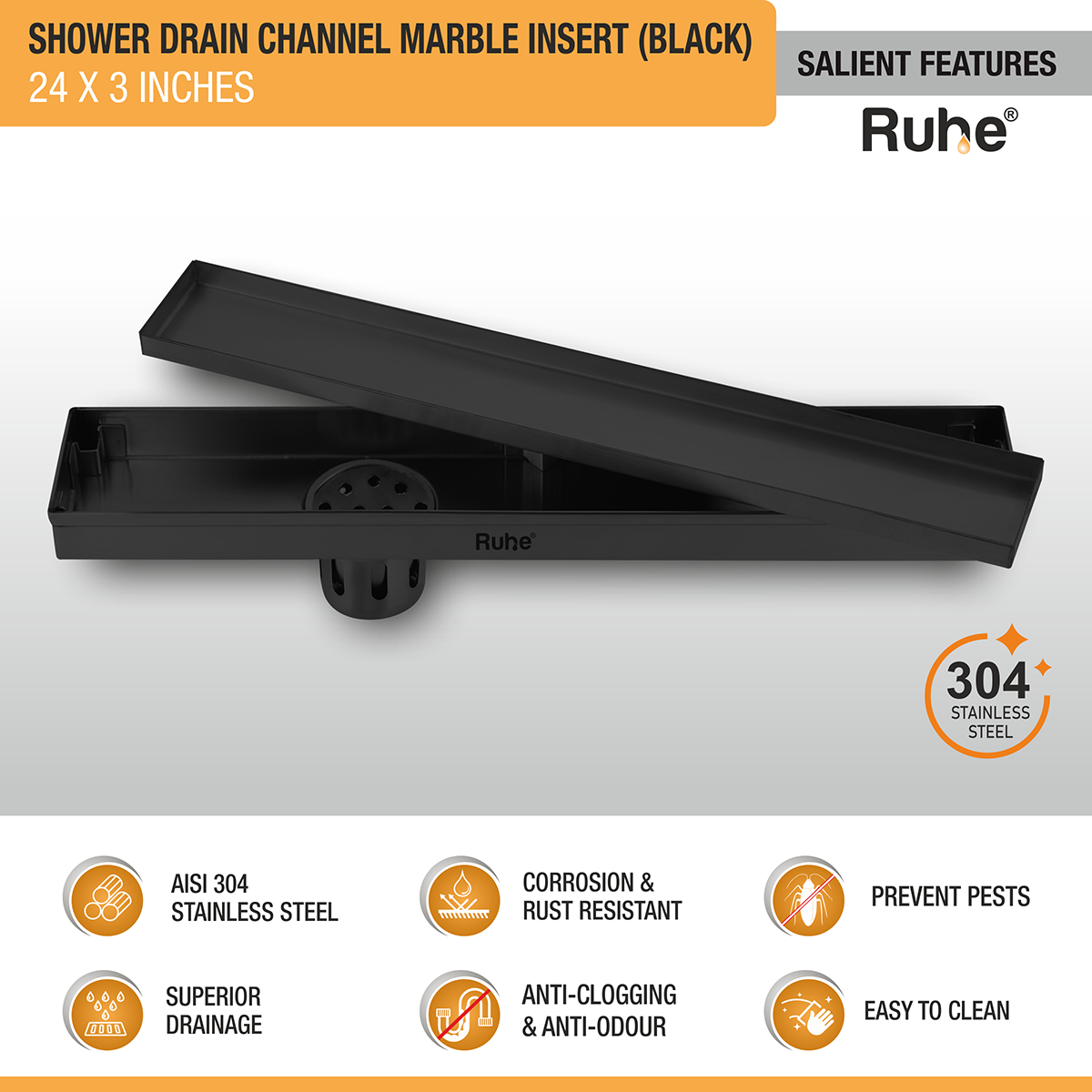 Marble Insert Shower Drain Channel (24 x 3 Inches) Black PVD Coated - by Ruhe®