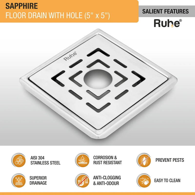 Sapphire Square 304-Grade Floor Drain with Hole (5 x 5 Inches) - by Ruhe