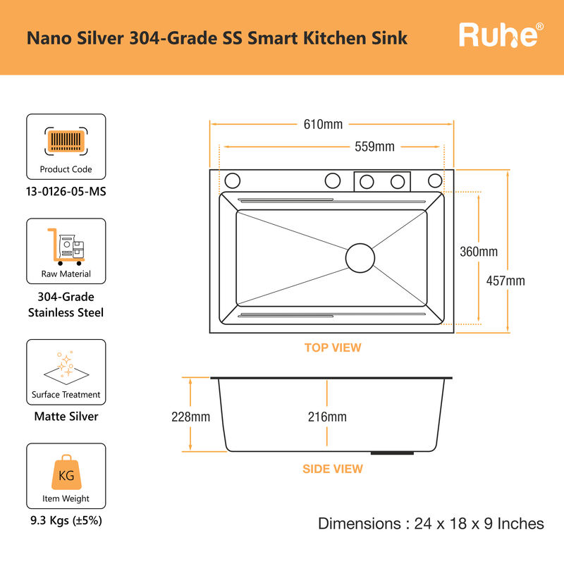 Nano Smart Kitchen Sink (24 x 18 x 9 Inches)