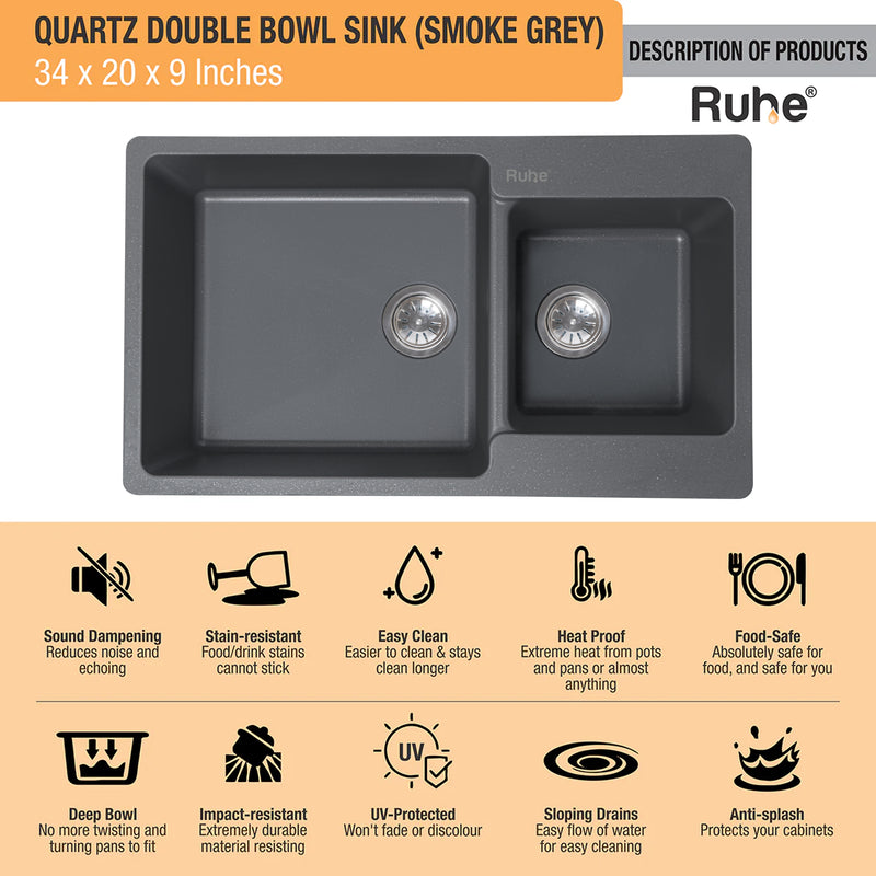 Quartz Double Bowl Kitchen Sink (34 x 20 x 9 inches)