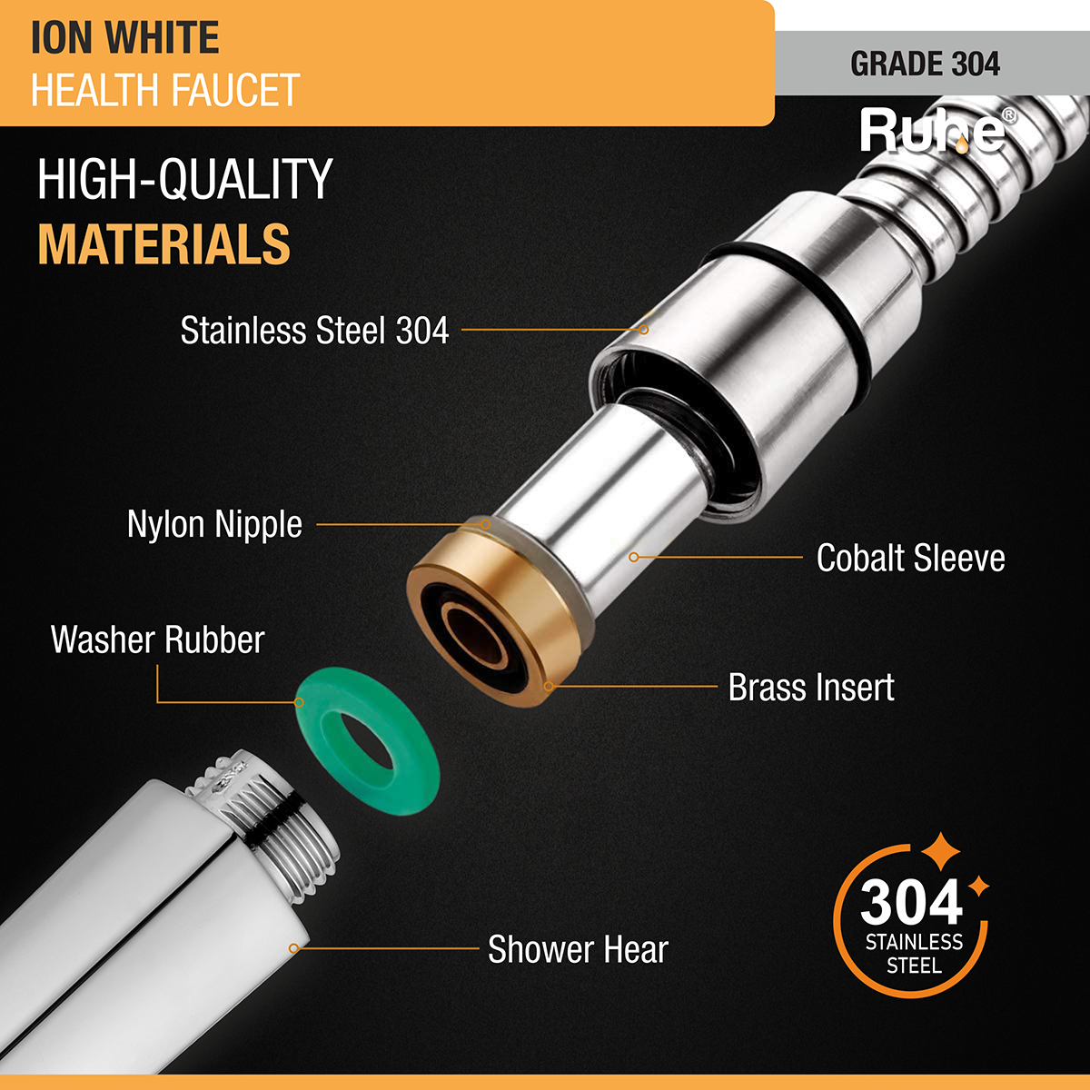Ion White Health Faucet with Braided 1 Meter Flexible Hose (304 Grade) & Hook stainless steel