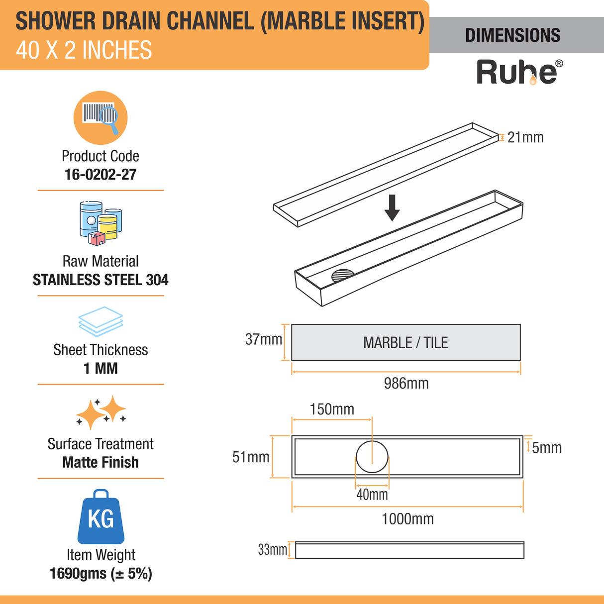 Marble Insert Shower Drain Channel (40 x 2 Inches) (304 Grade) - by Ruhe®