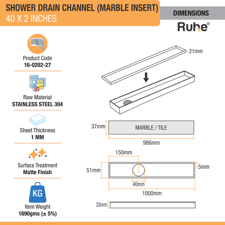 Marble Insert Shower Drain Channel (40 x 2 Inches) (304 Grade) - by Ruhe®