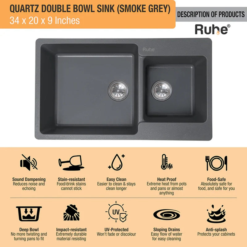 Quartz Double Bowl Kitchen Sink (34 x 20 x 9 inches)
