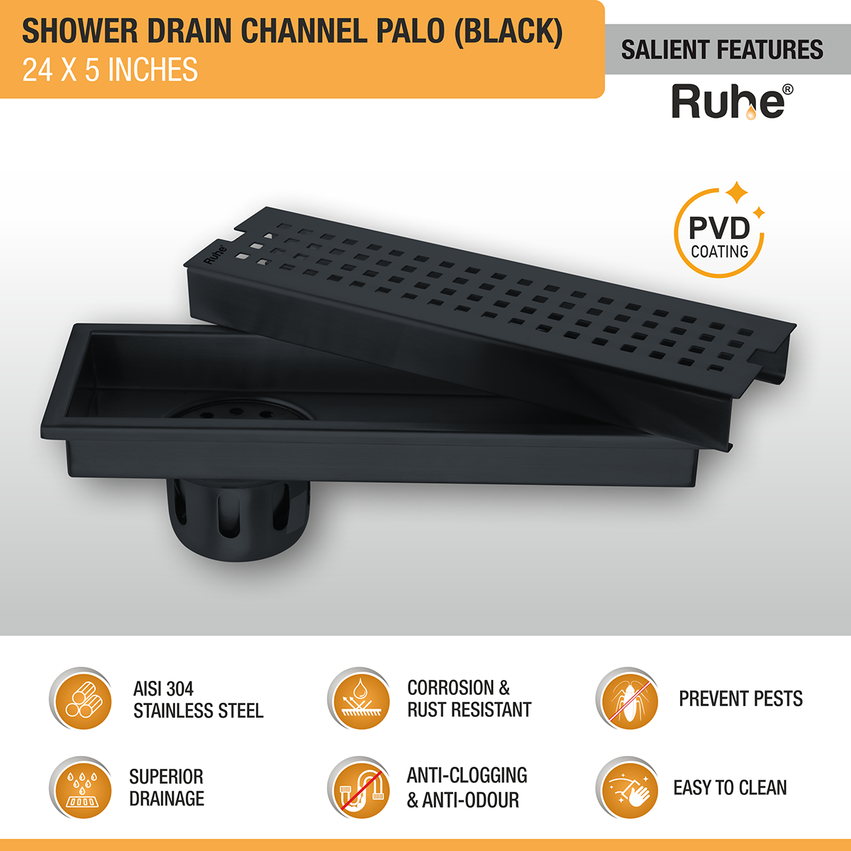 Palo Shower Drain Channel (24 x 5 Inches) Black PVD Coated - by Ruhe®