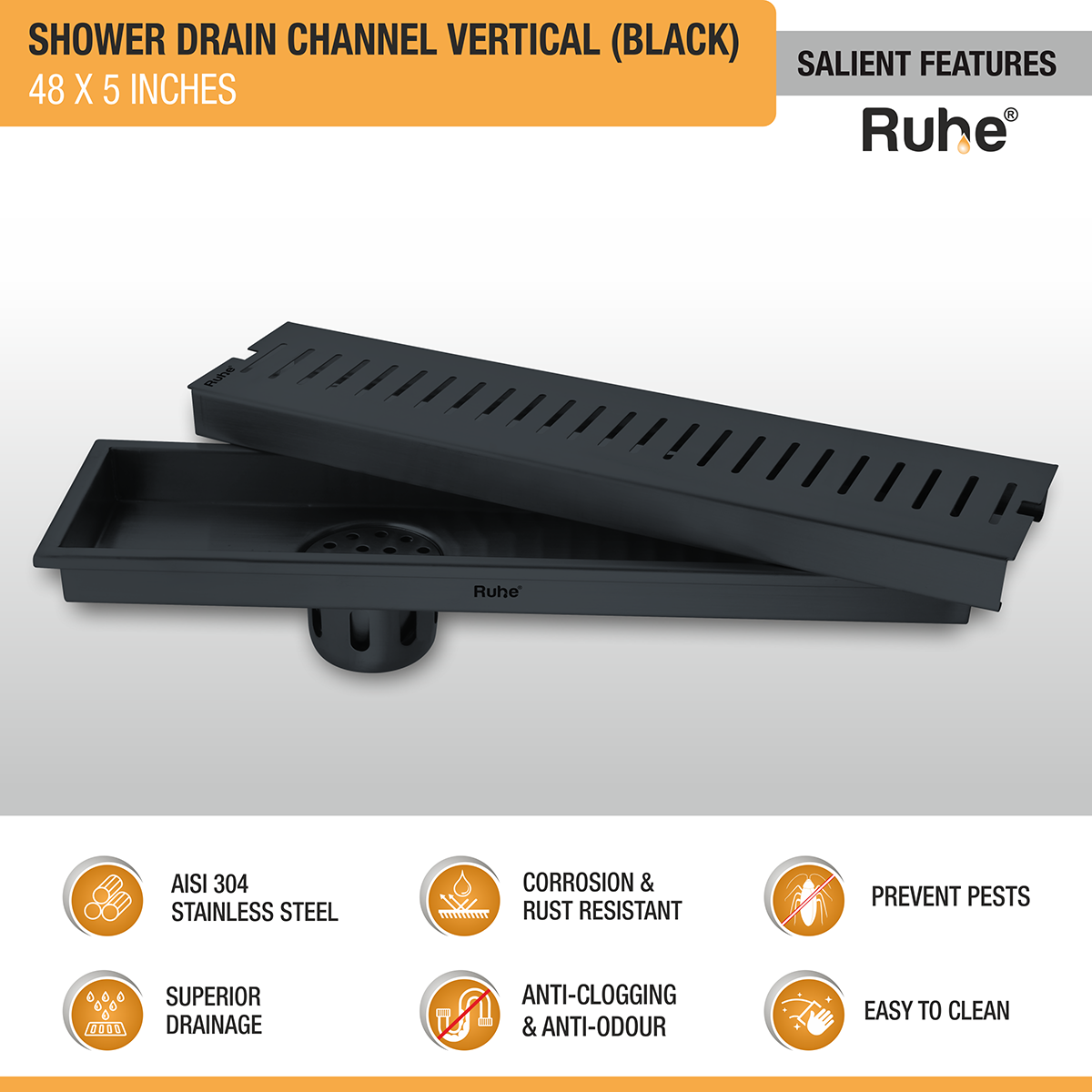 Vertical Shower Drain Channel (48 x 5 Inches) Black PVD Coated - by Ruhe®