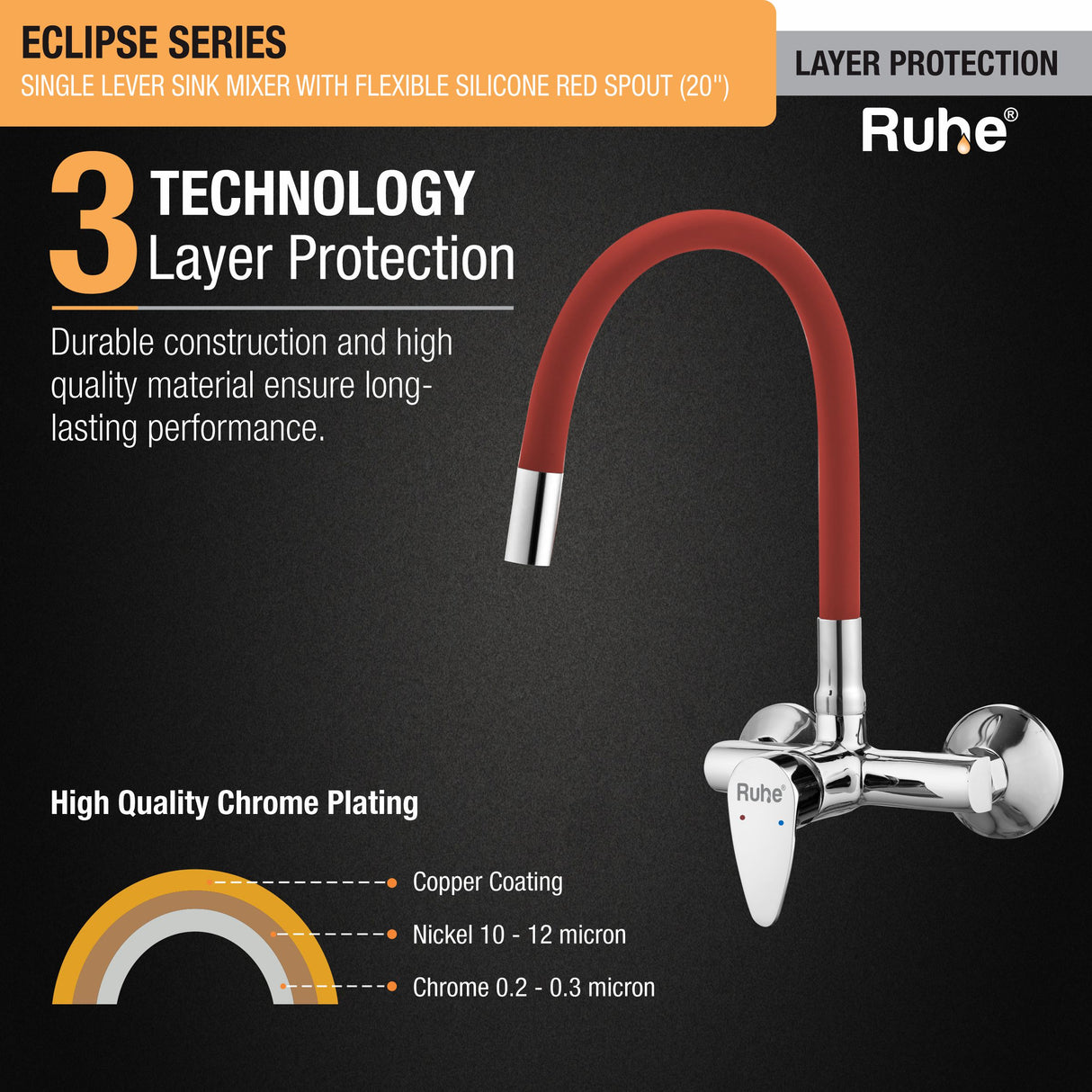 Eclipse Single Lever Wall-mount Sink Mixer Brass Faucet with Red Silicone Spout - by Ruhe®