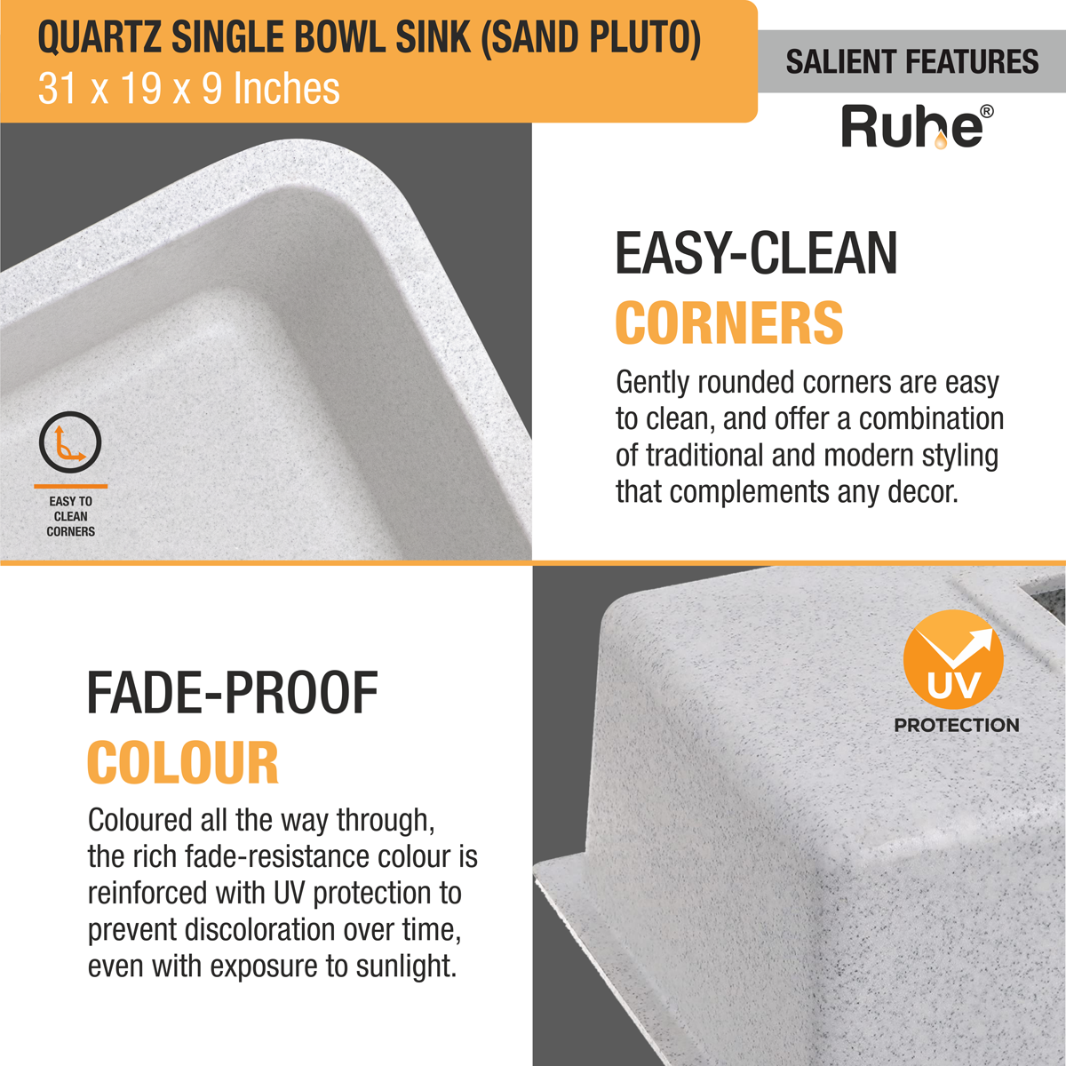 Quartz Single Bowl Kitchen Sink - Sand Pluto (31 x 19 x 9 inches) - by Ruhe®