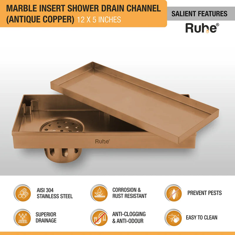 Marble Insert Shower Drain Channel (12 x 5 Inches) Antique Copper PVD Coated - by Ruhe