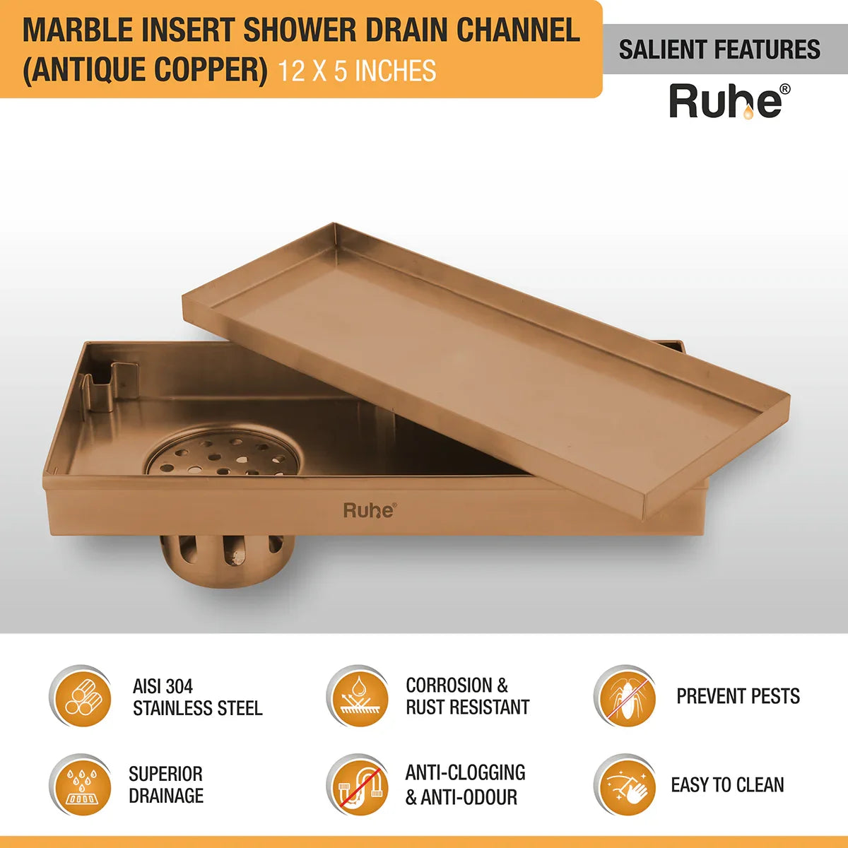 Marble-Insert Shower Drain Channel 5 inches