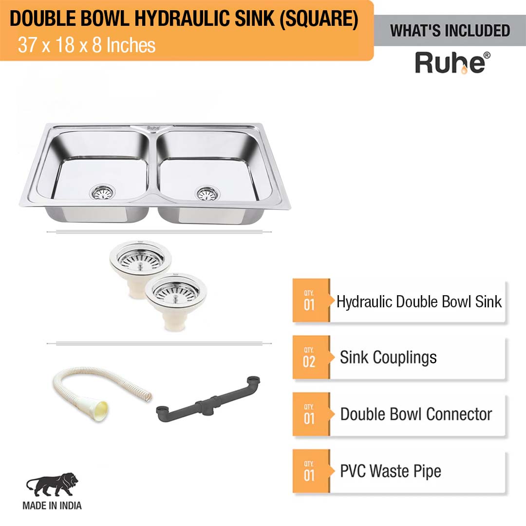 Square Double Bowl (37 x 18 x 8 inches) Kitchen Sink - by Ruhe