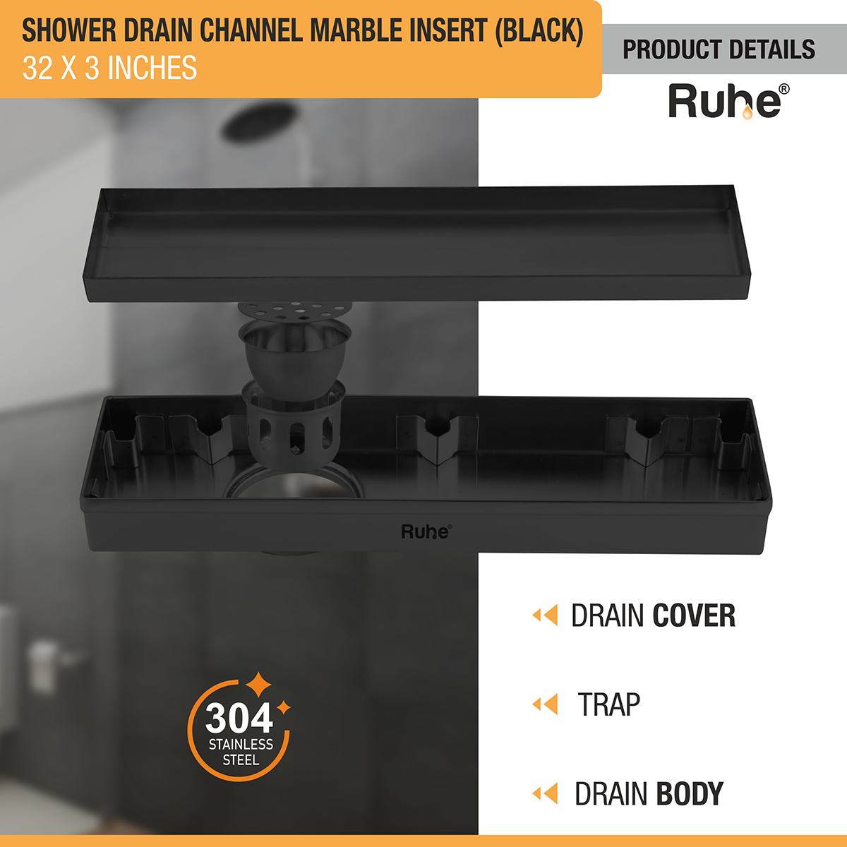 Marble Insert Shower Drain Channel (32 x 3 Inches) Black PVD Coated - by Ruhe®