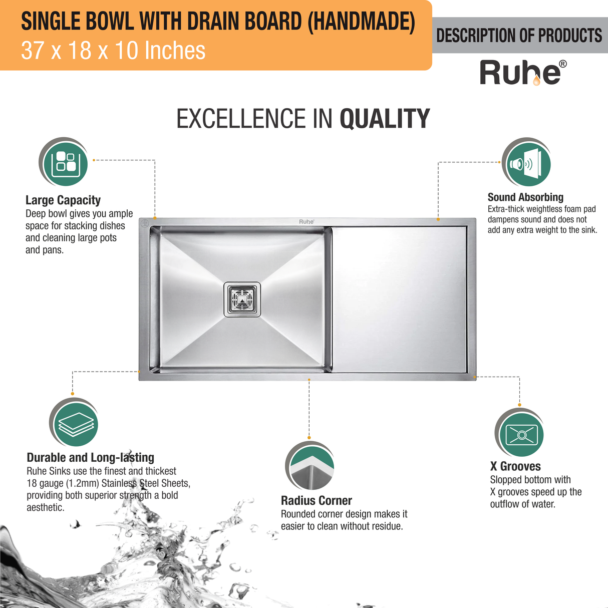 Handmade Single Bowl with Drainboard 304-Grade Kitchen Sink (37 x 18 x 10 Inches) - by Ruhe