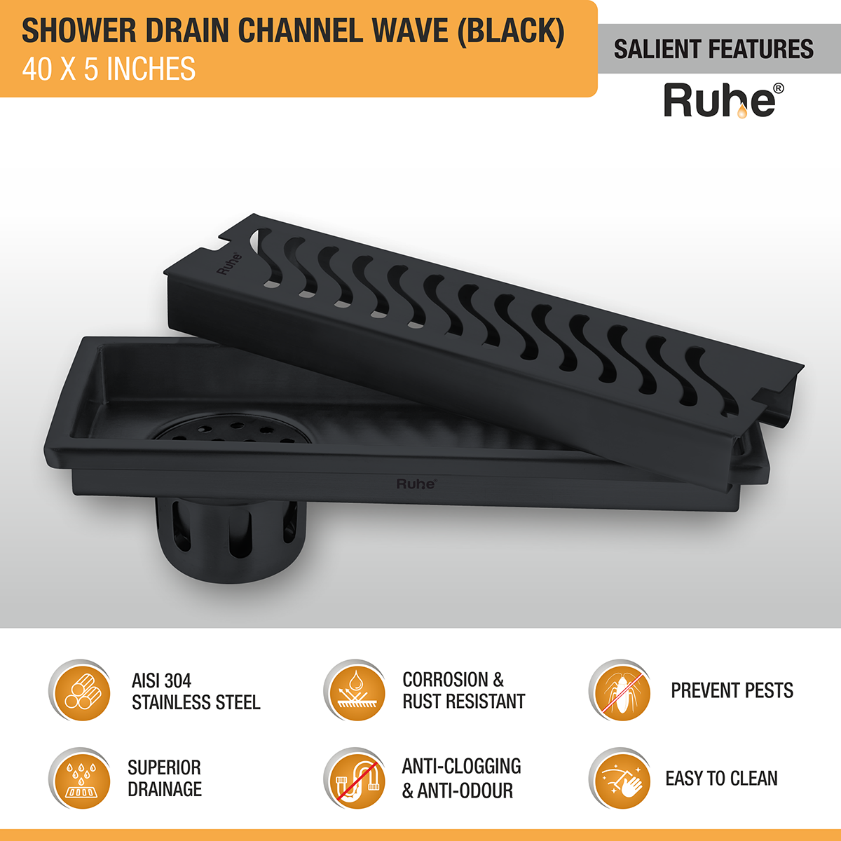 Wave Shower Drain Channel (40 x 5 Inches) Black PVD Coated - by Ruhe®