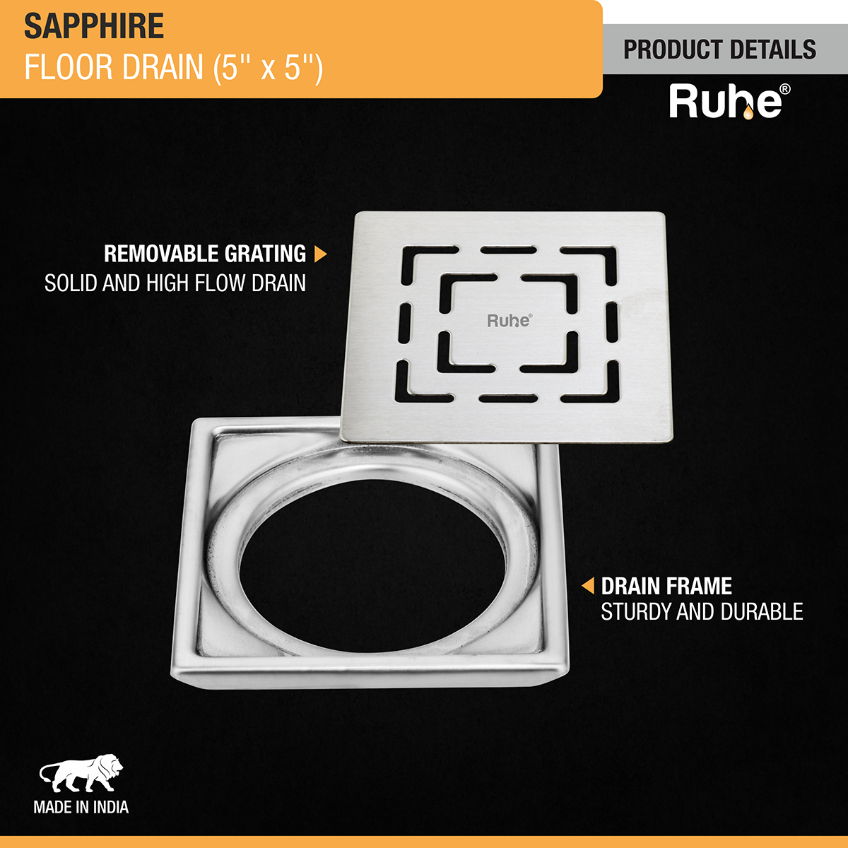 Sapphire Square 304-Grade Floor Drain (5 x 5 Inches) - by Ruhe