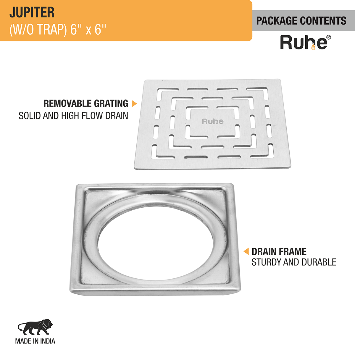 Jupiter Square Premium Floor Drain (6 x 6 Inches) - by Ruhe®