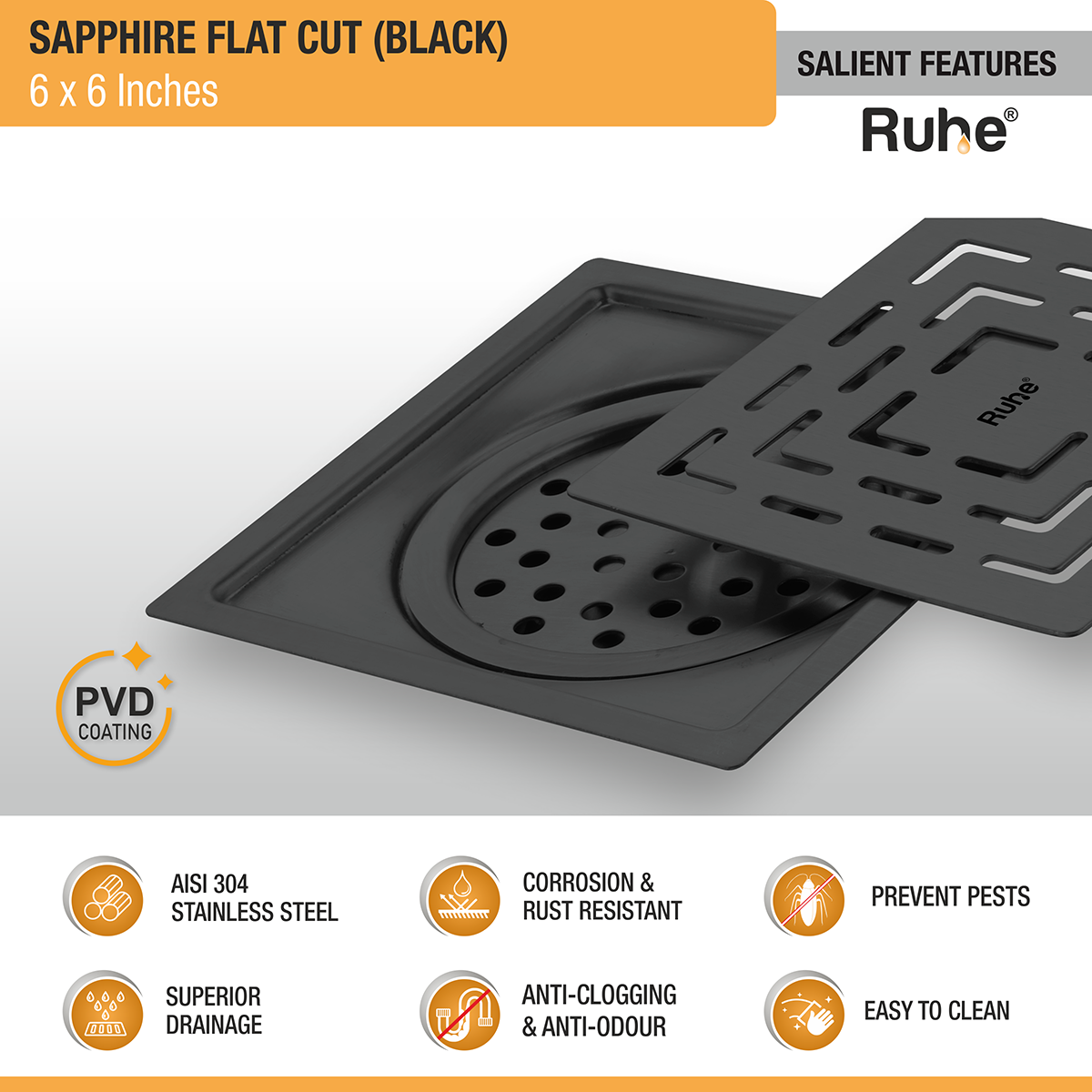 Sapphire Square Flat Cut Floor Drain in Black PVD Coating (6 x 6 Inches) - by Ruhe®