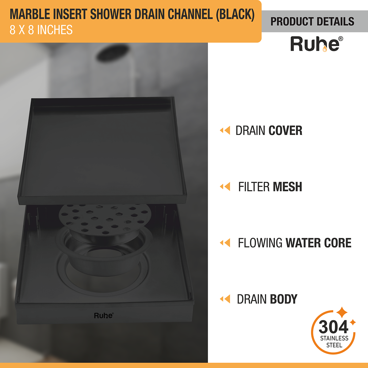 Marble Insert Shower Drain Channel (8 x 8 Inches) Black PVD Coated - by Ruhe®