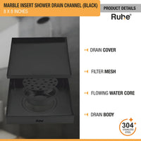 Marble-Insert Shower Drain Channel Black (8 x 8 Inches)
