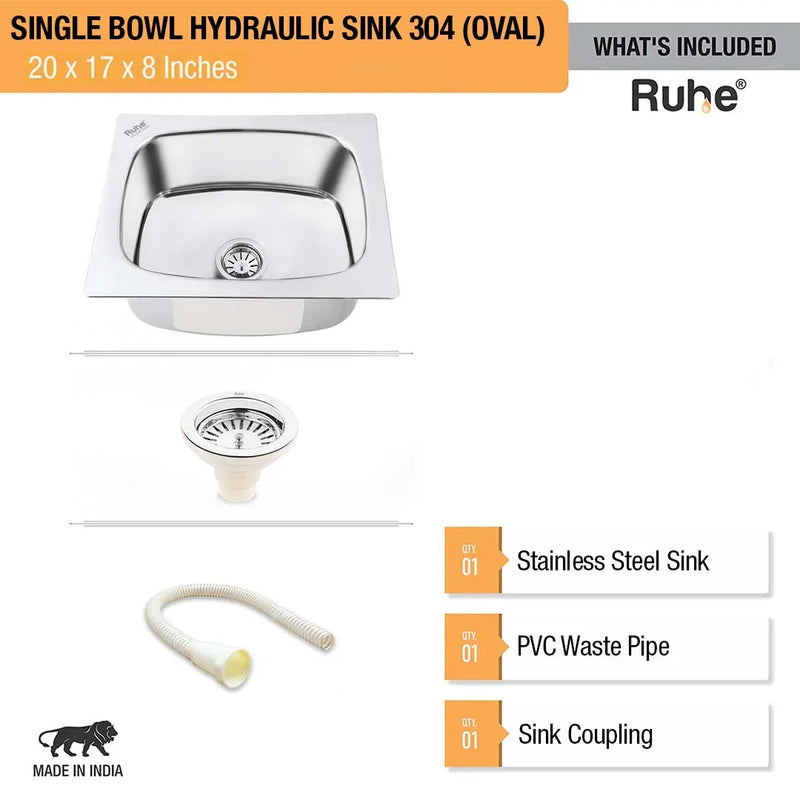 Oval Single Bowl Kitchen Sink 304-Grade (20 x 17 x 8 Inches)