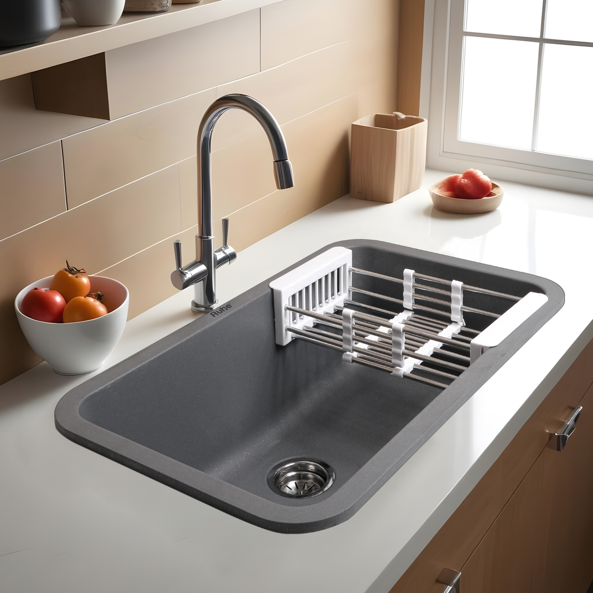 Smoke Grey Quartz Single Bowl Kitchen Sink  (31 x 19 x 9 inches) - by Ruhe