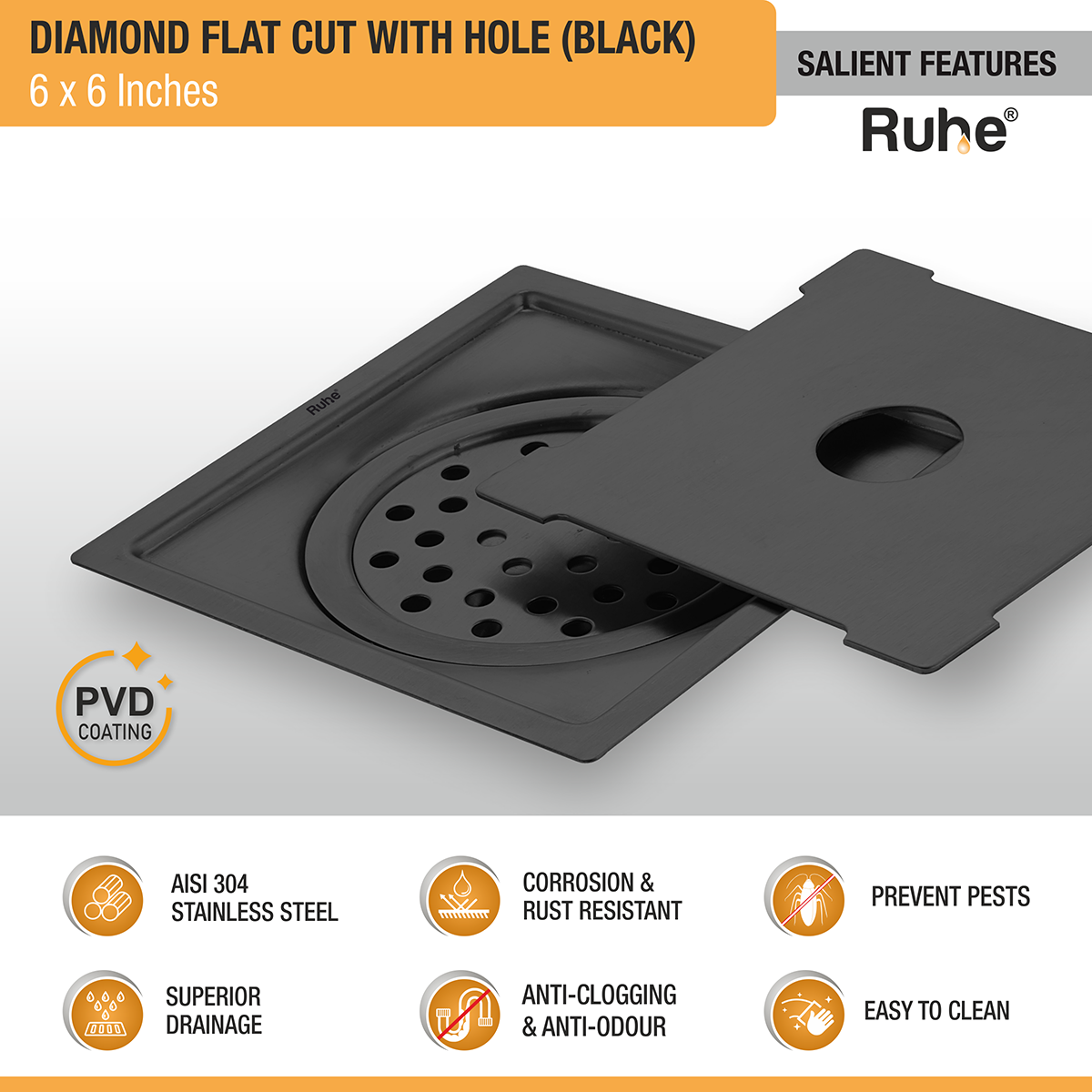 Diamond Square Flat Cut Floor Drain in Black PVD Coating (6 x 6 Inches) with Hole - by Ruhe