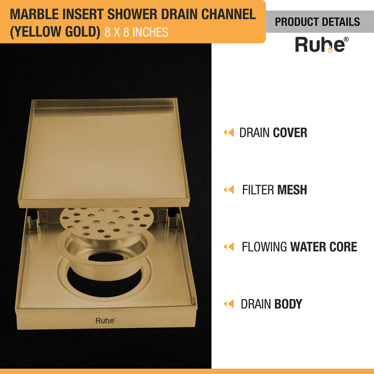 Marble Insert Shower Drain Channel (8 x 8 Inches) YELLOW GOLD PVD Coated with drain cover, filter mesh, drain body