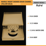 Marble Insert Shower Drain Channel (8 x 8 Inches) YELLOW GOLD PVD Coated with drain cover, filter mesh, drain body