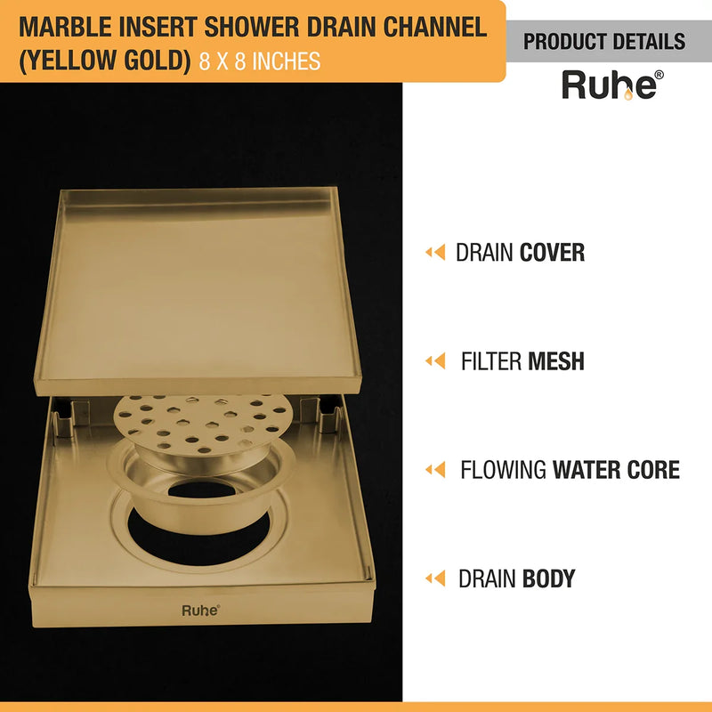 Marble Insert Shower Drain Channel (8 x 8 Inches) YELLOW GOLD PVD Coated - by Ruhe