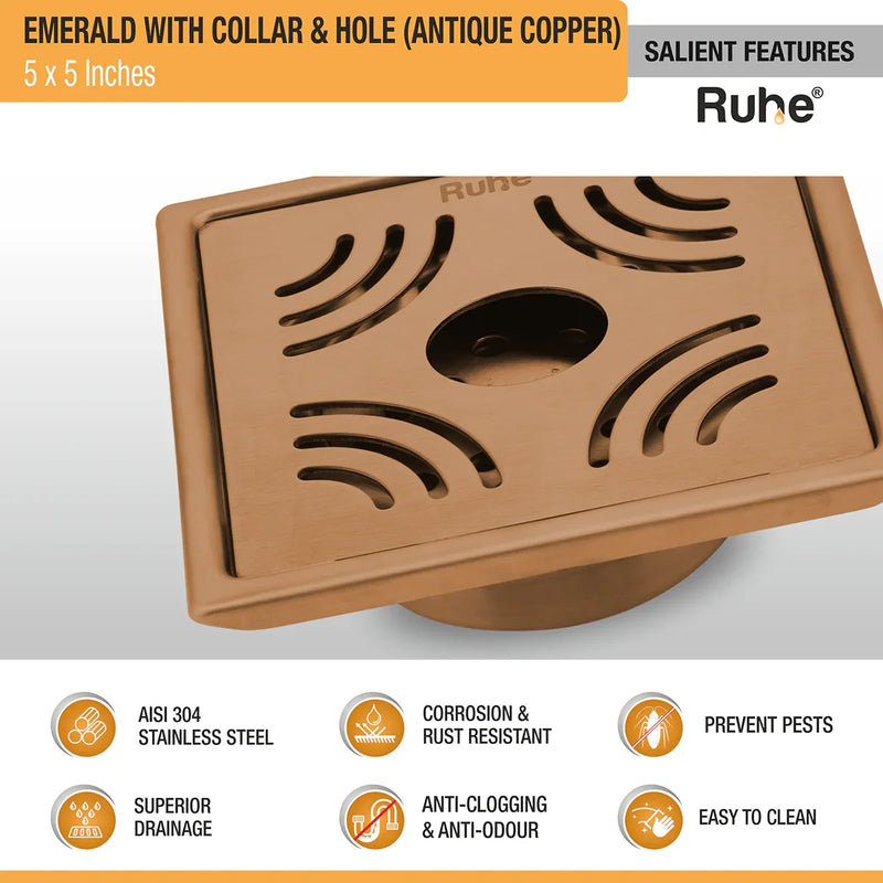 Emerald Square Flat Cut Floor Drain in Antique Copper PVD Coating (5 x 5 Inches) with Hole - by Ruhe
