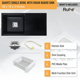 Quartz Single Bowl with Drainboard Kitchen Sink - Matte Black (36 x 18 x 9 inches) - by Ruhe