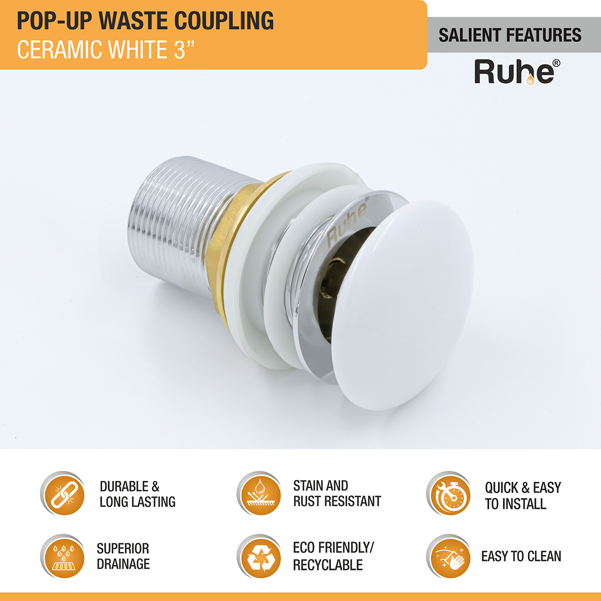 White Ceramic Pop-up Waste Coupling (3 Inches) - by Ruhe