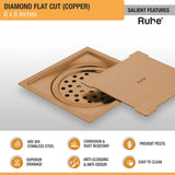 Diamond Square Flat Cut Floor Drain