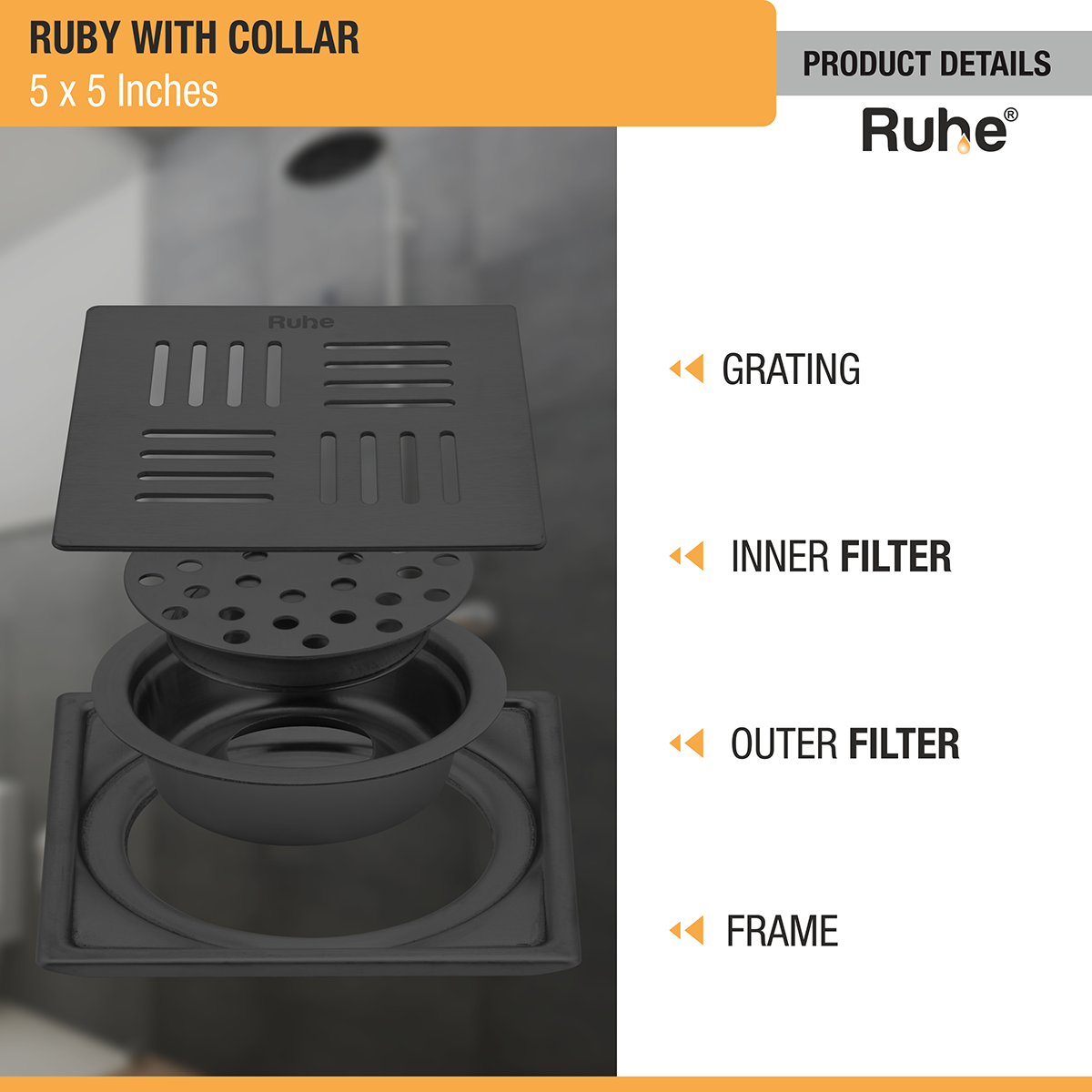 Ruby Square 304-Grade Floor Drain in Black PVD Coating (5 x 5 Inches) with grating, inner filter, outer filter, frame