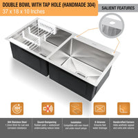 Handmade 304-Grade Double Bowl Kitchen Sink with Tap Hole (37 x 18 x 10 Inches) – Matt Steel