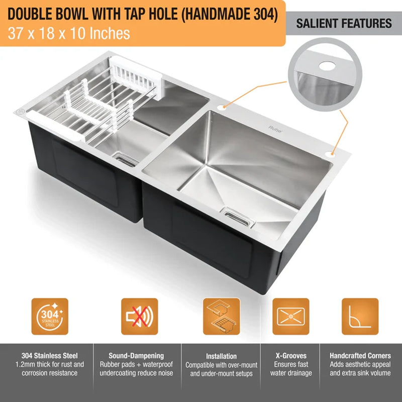 Handmade Double Bowl with Tap Hole Kitchen Sink (37 x 18 x 10 Inches)