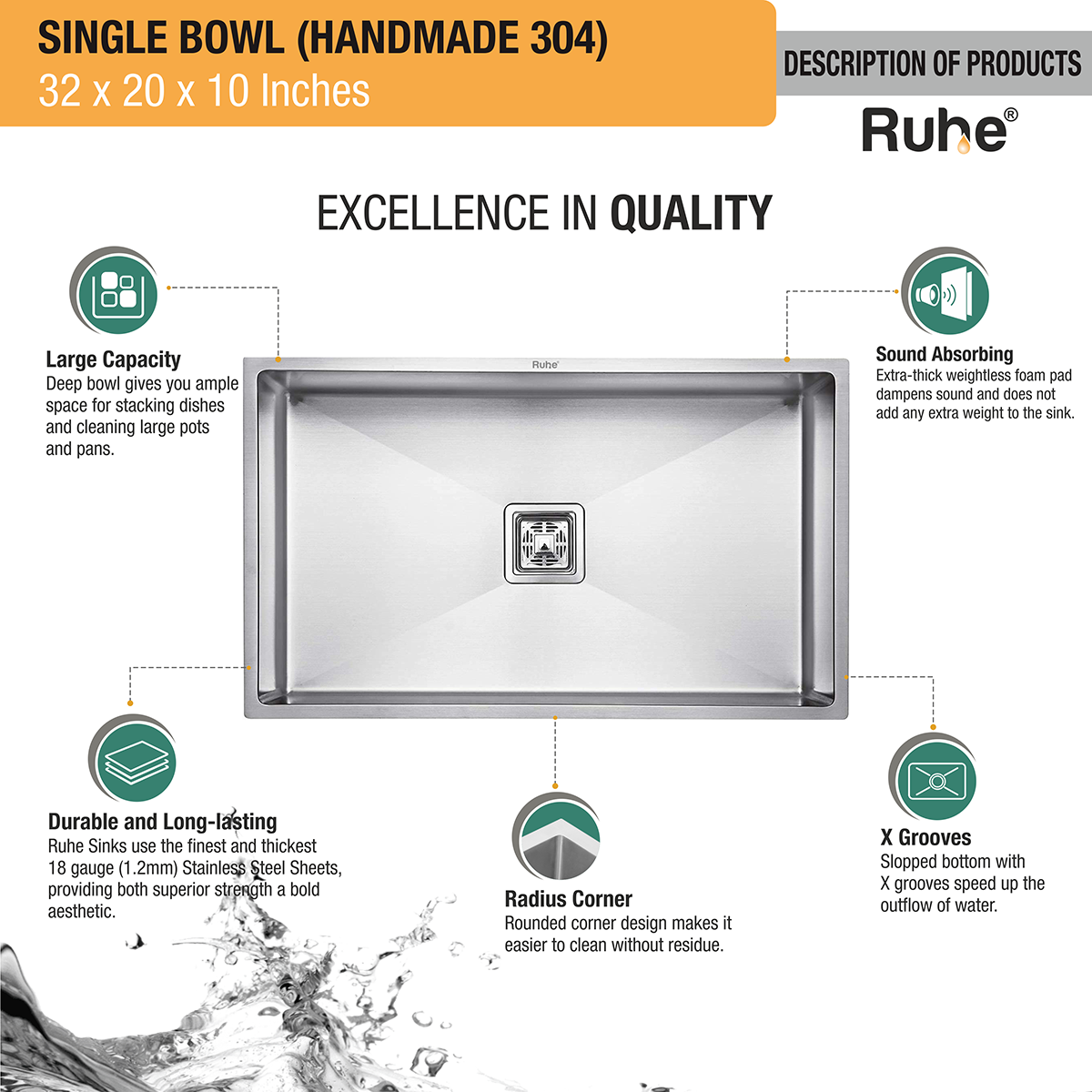 Handmade Single Bowl 304-Grade Kitchen Sink (32 x 20 x 10 Inches) product descriptions