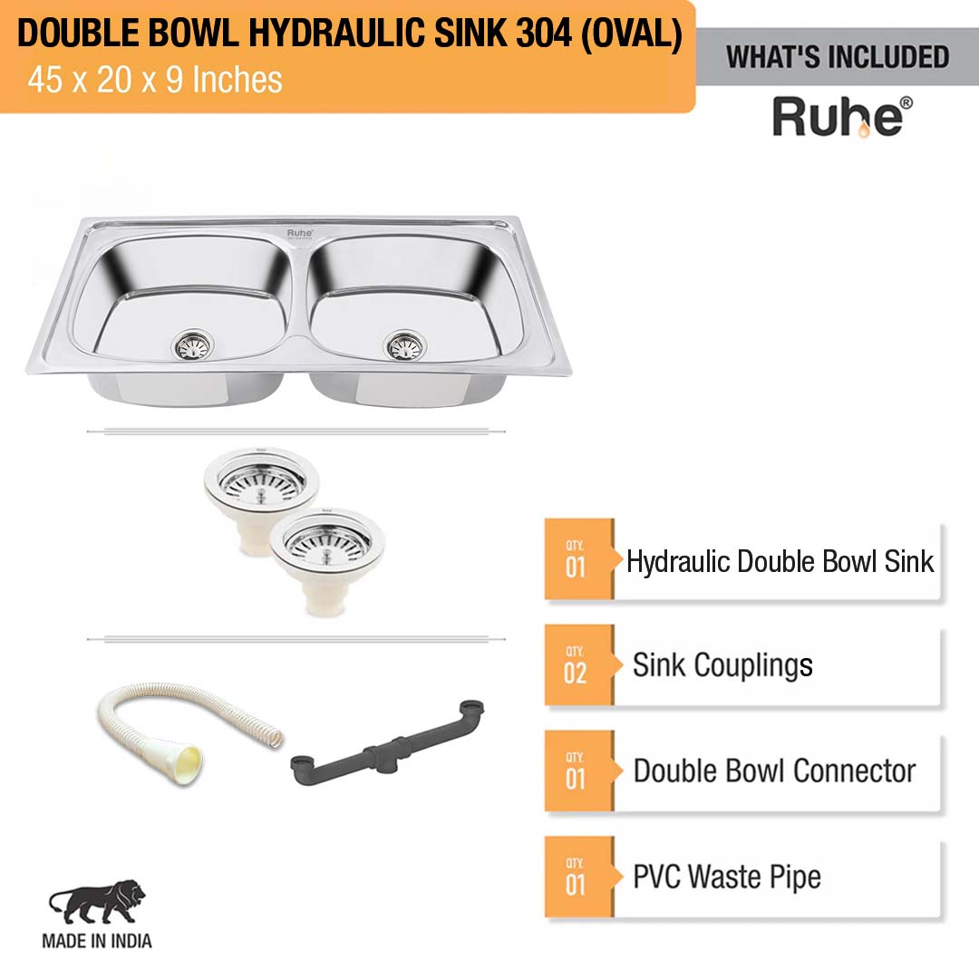 Oval Double Bowl 304-Grade (45 x 20 x 9 inches) Kitchen Sink - by Ruhe®