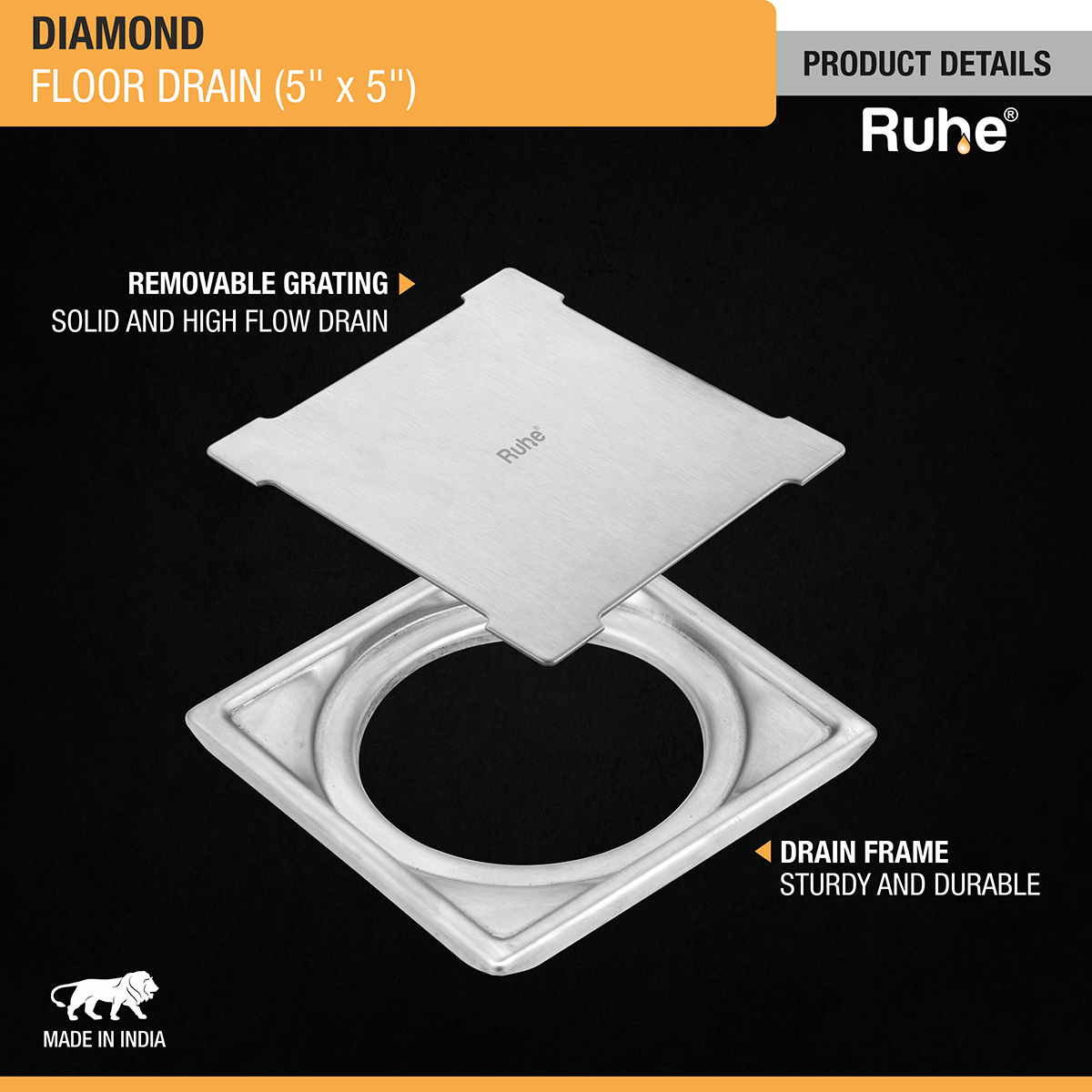 Diamond Square 304-Grade Floor Drain (5 x 5 Inches) - by Ruhe