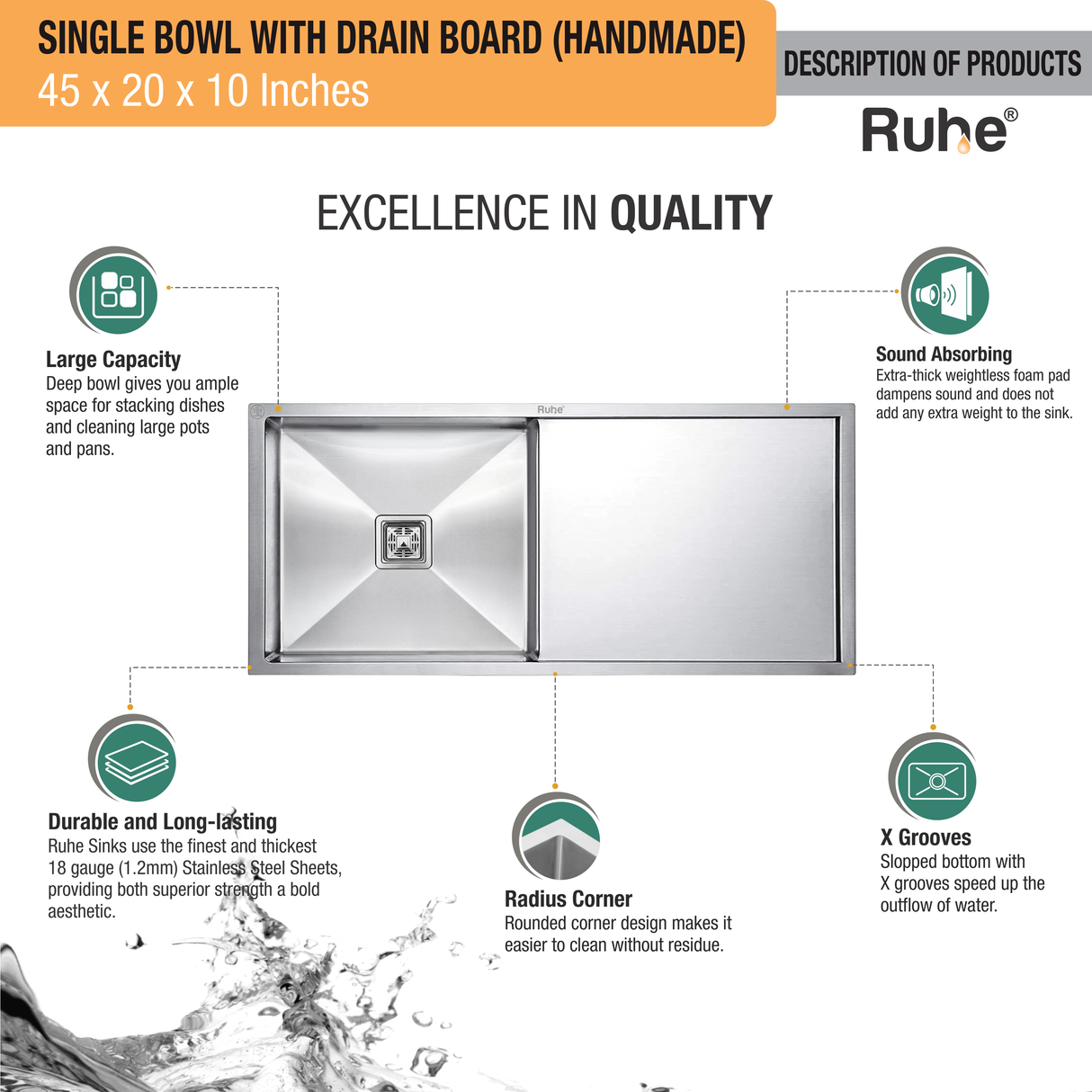 Handmade Single Bowl with Drainboard 304-Grade (45 x 20 x 10 Inches) Kitchen Sink - by Ruhe®