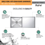 Handmade Single Bowl with Drainboard 304-Grade (45 x 20 x 10 Inches) Kitchen Sink - by Ruhe®