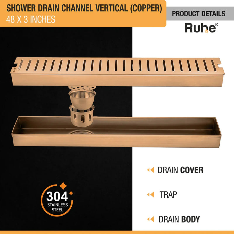 Vertical Shower Drain Channel (48 x 3 Inches) Antique Copper PVD Coated - by Ruhe